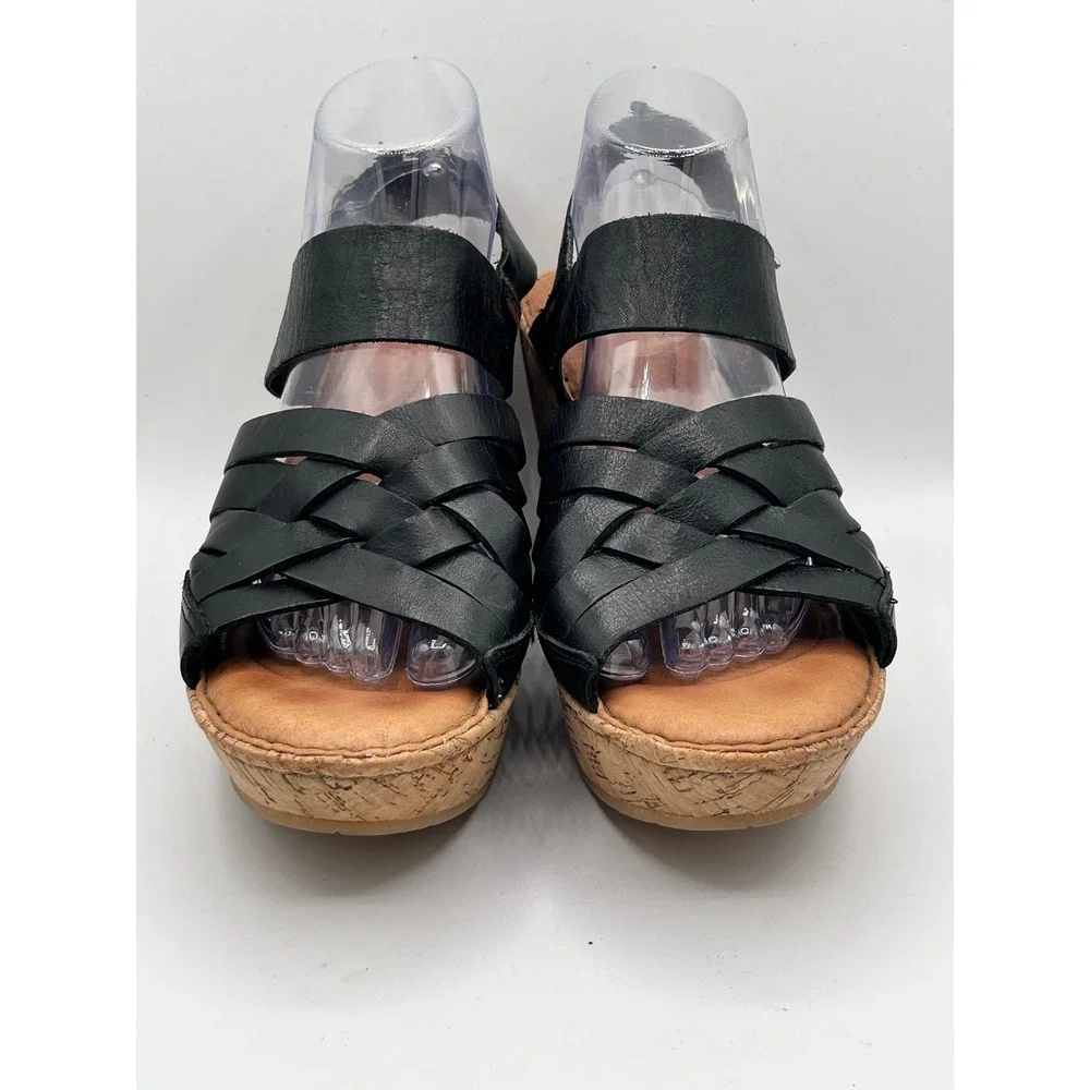 Born Womens Black Leather Woven Strap Cork Wedge Platform Sandals Size 10 M
